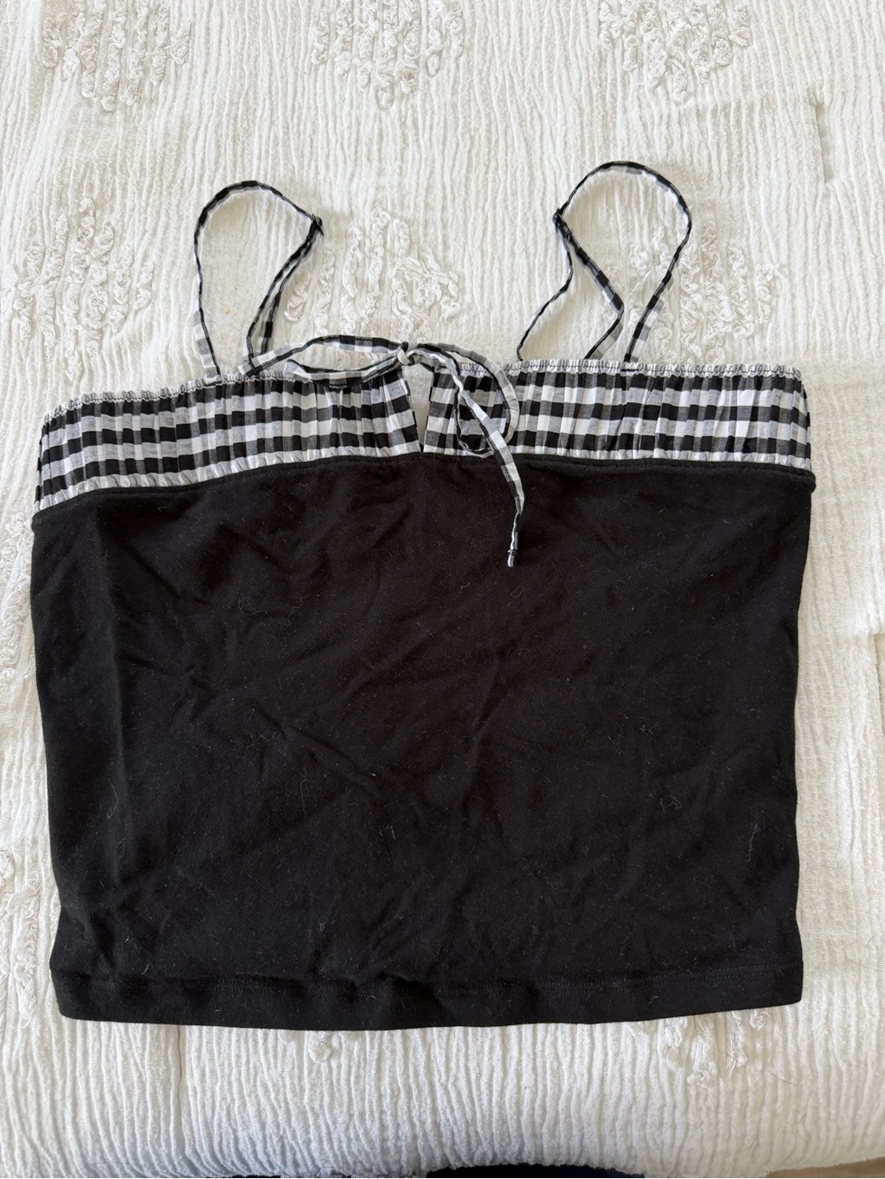 American Eagle Outfitters Black Crop Top with Black & White Gingham Trim